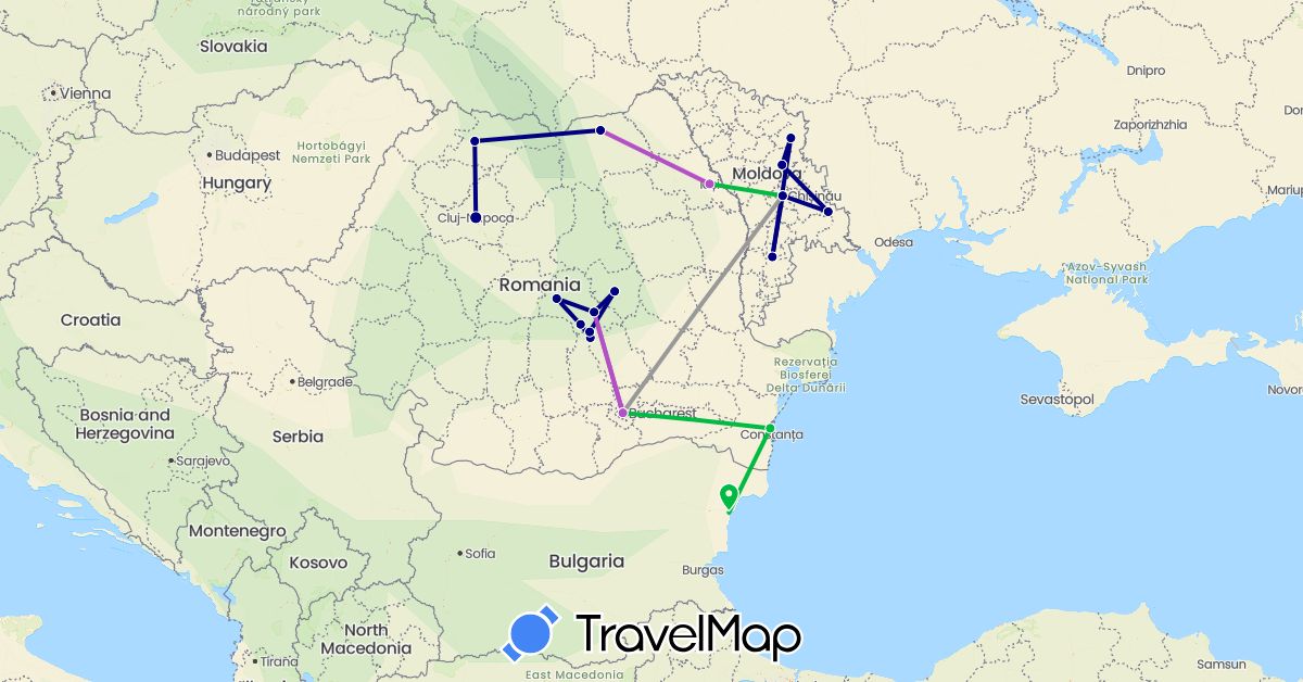 TravelMap itinerary: driving, bus, plane, train in Bulgaria, Moldova, Romania (Europe)